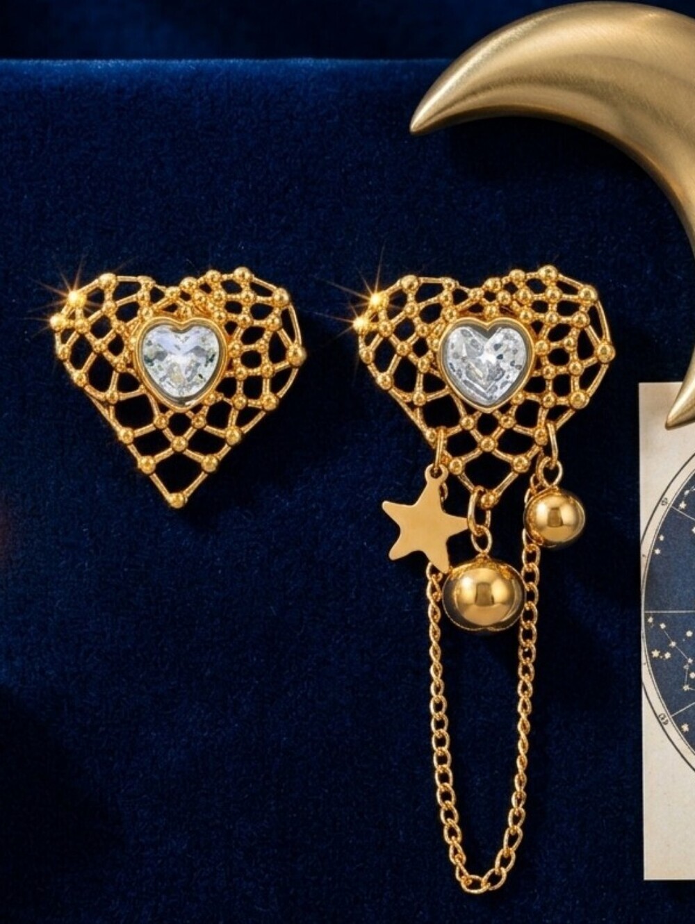 Mismatched Heart Earrings Asymmetrical Star Chain Dangle Coquette 18K Gold 2.6"